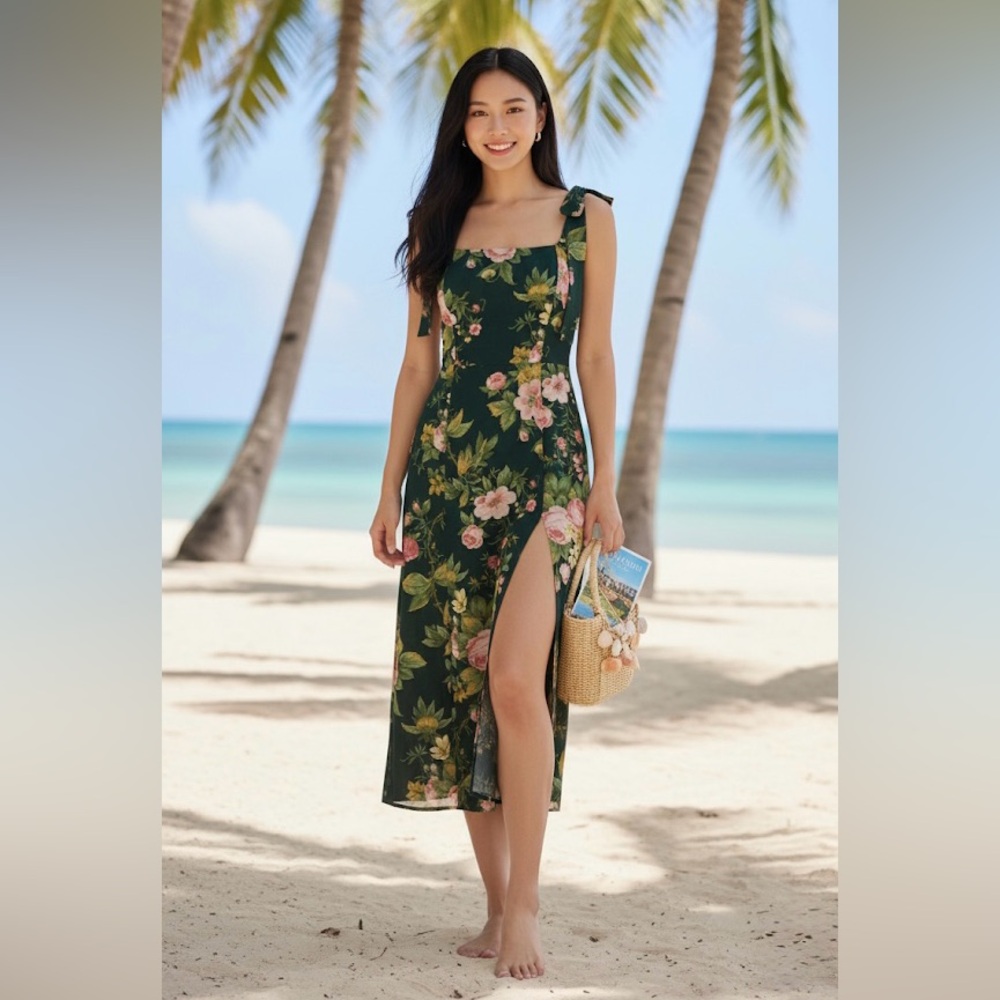 Floral Green Midi Dress small nwot floral vacation dress tie slit